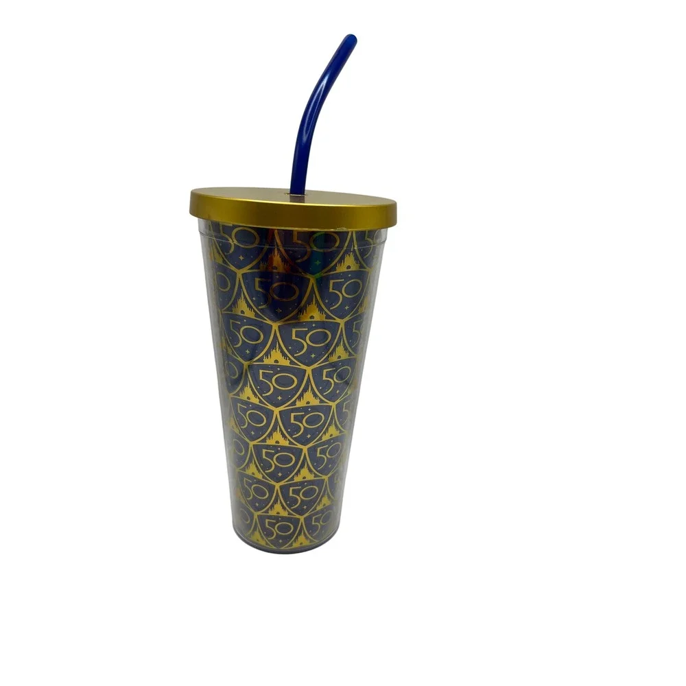 New Disney 50th Anniversary‎ Tumbler Gold Lid Blue Straw Cup Cinderella Castle